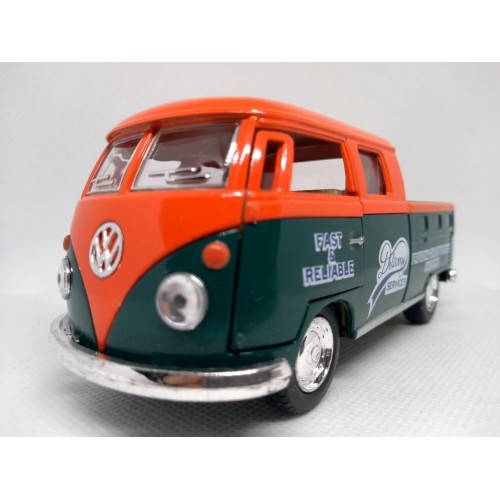   Miniatura Volkswagen Bus Dougle Cab Pickup 1963 (verde e laranjado) 1:34 Kismart